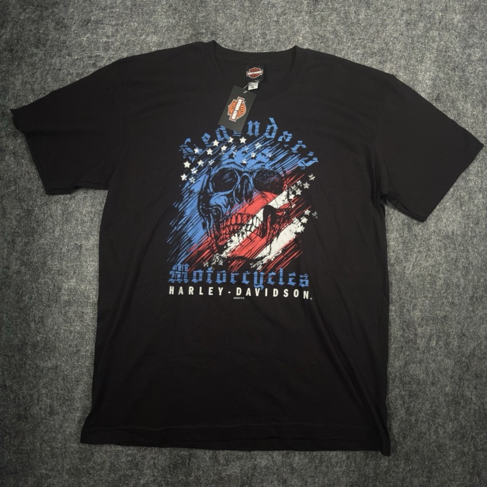 Harley Davidson T Shirt Mens XL Black Skull American Flag Graphic Biker 2022 NWT